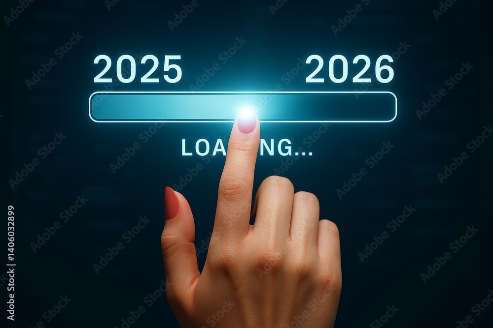 Poster hand loading progress bar with years 2025 to 2026 transition