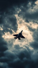 Jet Flying Through Dramatic Cloudy Sky Ascending High