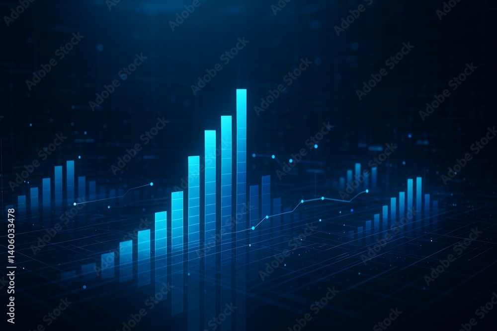 Poster abstract digital blue bar graph with glowing lines in futuristic dark grid background