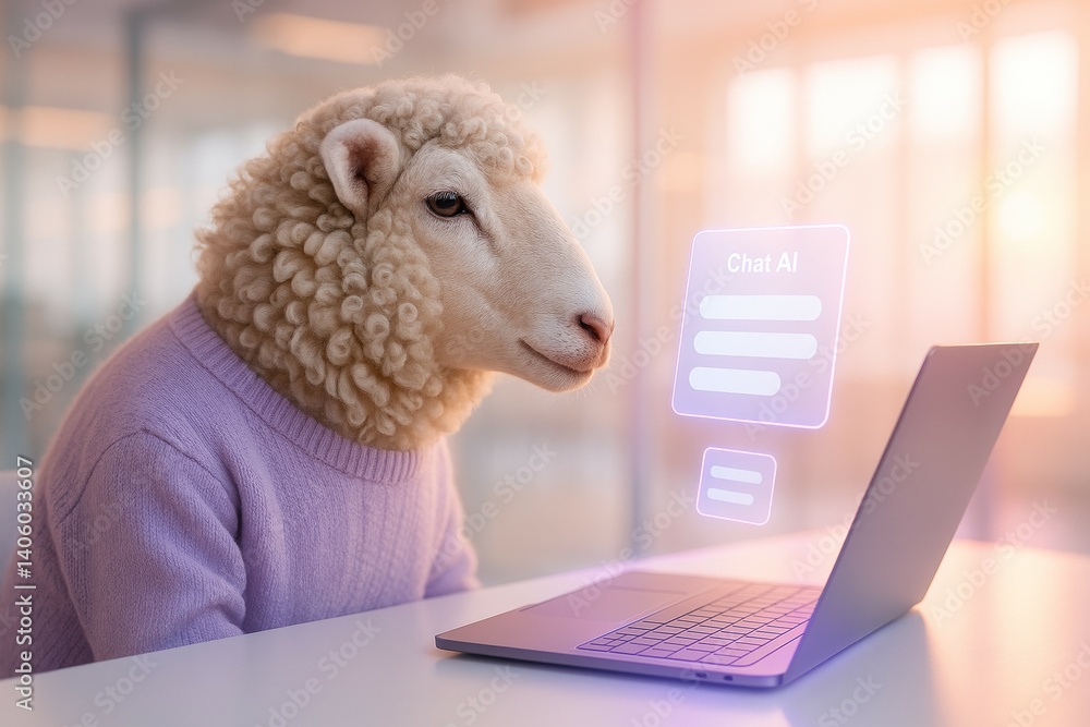 Poster sheep using laptop for chat ai in modern office setting
