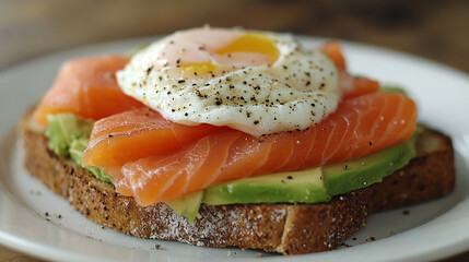  A thick slice of toast with avocado, salmon and poached egg on top. Food photography