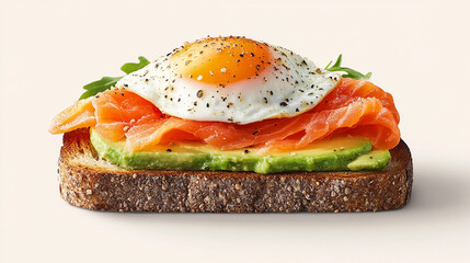 A thick slice of toast with avocado, salmon and poached egg on top. Food photography