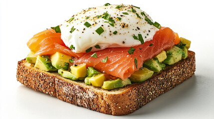 A thick slice of toast with avocado, salmon and poached egg on top. Food photography