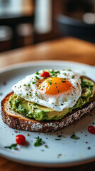 A thick slice of toast with avocado, salmon and poached egg on top. Food photography