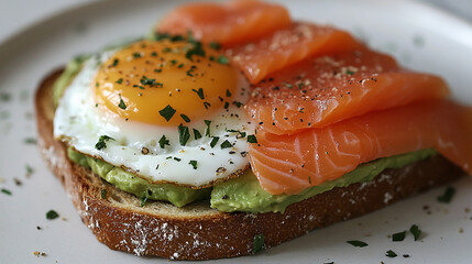 A thick slice of toast with avocado, salmon and poached egg on top. Food photography