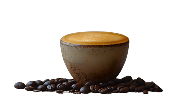 Frothy Coffee in a Ceramic Cup with Roasted Beans Perfect for Culinary and Beverage Themes
