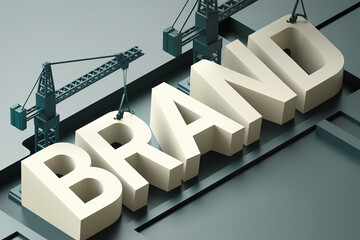 Off-white volumetric letters spelling "BRAND" being assembled by miniature cranes, set against a dark-grey background, showcasing brand building concept