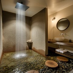 The shower features a modern showerhead, a shallow basin, textured stone walls, river pebble floor, a sleek wooden vanity, a white ceramic sink, and a round mirror, blending nature with contemporary d