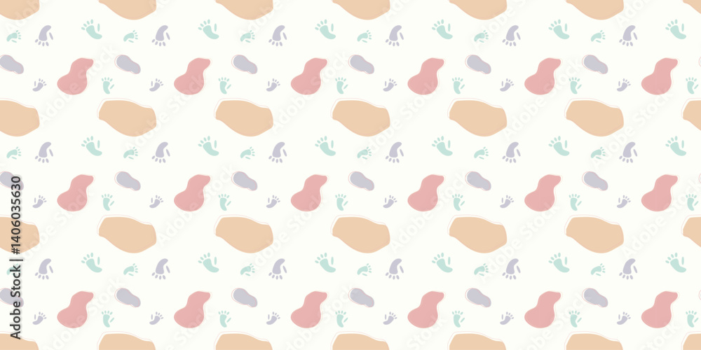 Poster scatter seamless pattern with monkey footprints and fluid shapes