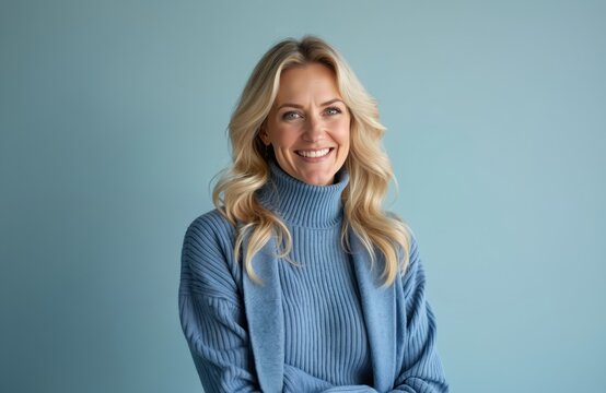 Smiling blonde woman portrait. Happy, beautiful female in blue sweater poses at studio on blue background. 35 year old caucasian woman with natural look smiles, wearing blue, happy person, lifestyle.