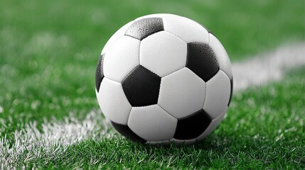 Fototapeta premium Dynamic monochrome soccer ball rests on vibrant green field amidst a spirited atmosphere