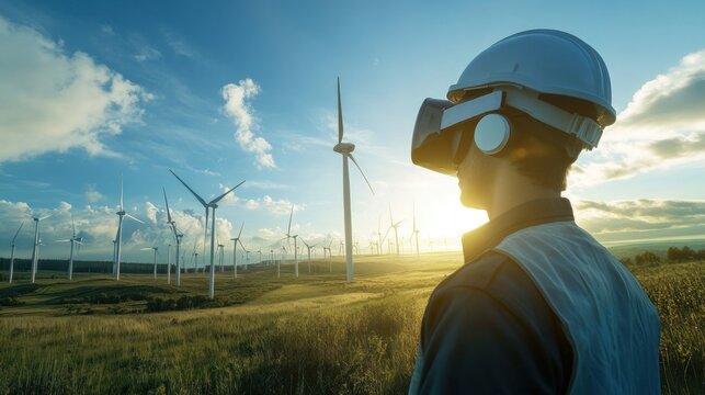 A construction worker in a hard hat wearing VR headset in a field of wind turbines, immersed in digital tech.