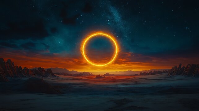 A glowing orange circle above a landscape under a starry night and colorful sky with clouds above it