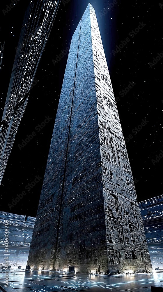 Poster monolith of universal knowledge hovers in a cosmic expanse illuminating ancient truths