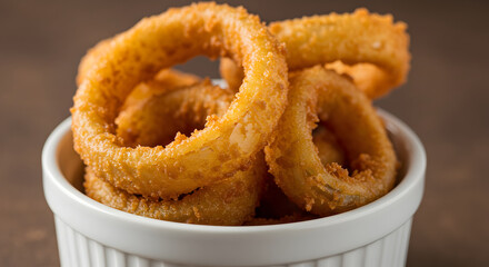 Golden Crispy Onion Rings in White Ramekin ready to eat macro shot