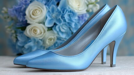 Elegant blue heels complementing floral arrangements for a special bridal celebration