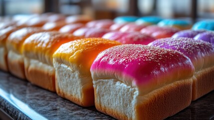 Colorful Baked Delights A Row of Vibrant Glazed Bread Loaves Perfect for Bakery Displays and