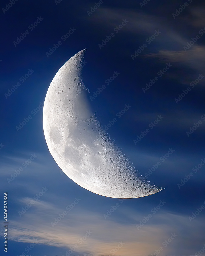Poster waxing crescent moon shines brightly in the deep blue sky creating a serene atmosphere