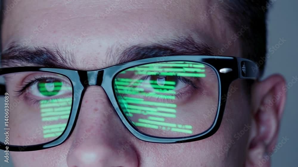 Poster male programmer wearing smart glasses, green matrix style code reflecting intensely in eyes, embodyi