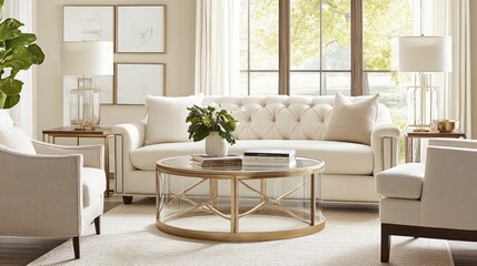 Luxurious cream-colored living room featuring a tufted sofa and glass coffee table.