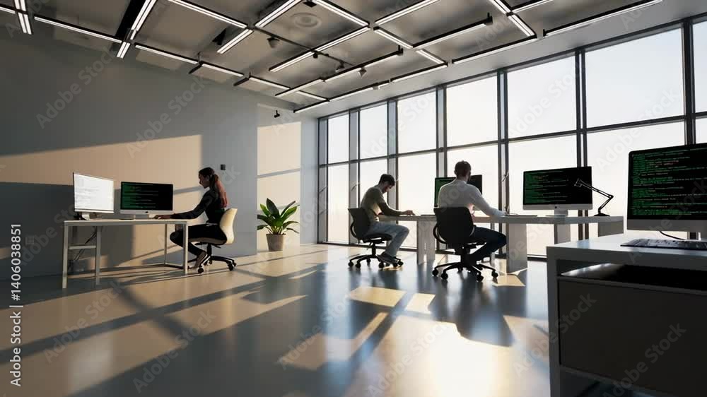 Aufkleber Sunlight streams into a modern office where programmers are diligently working on their computers, focused on lines of code displayed on their screens
