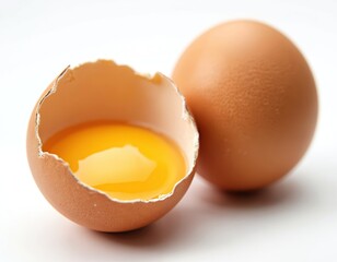 Broken brown egg with vibrant yellow yolk inside. Fresh eggshell. Ingredient breakfast meal. Cooking food. Raw protein, natural, organic product, healthy food. Food photo for culinary, health,