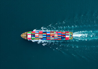 Drone Shot of Cargo Ship in Open Sea – Stacked Colorful Containers – Maritime Logistics, Global Shipping, Ocean Freight, Import Export, Supply Chain, Transportation, Commercial Vessel