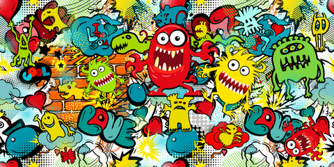 Fototapeta premium Colored seamless background with funny monsters. hand drawing. Not AI, Vector illustration.