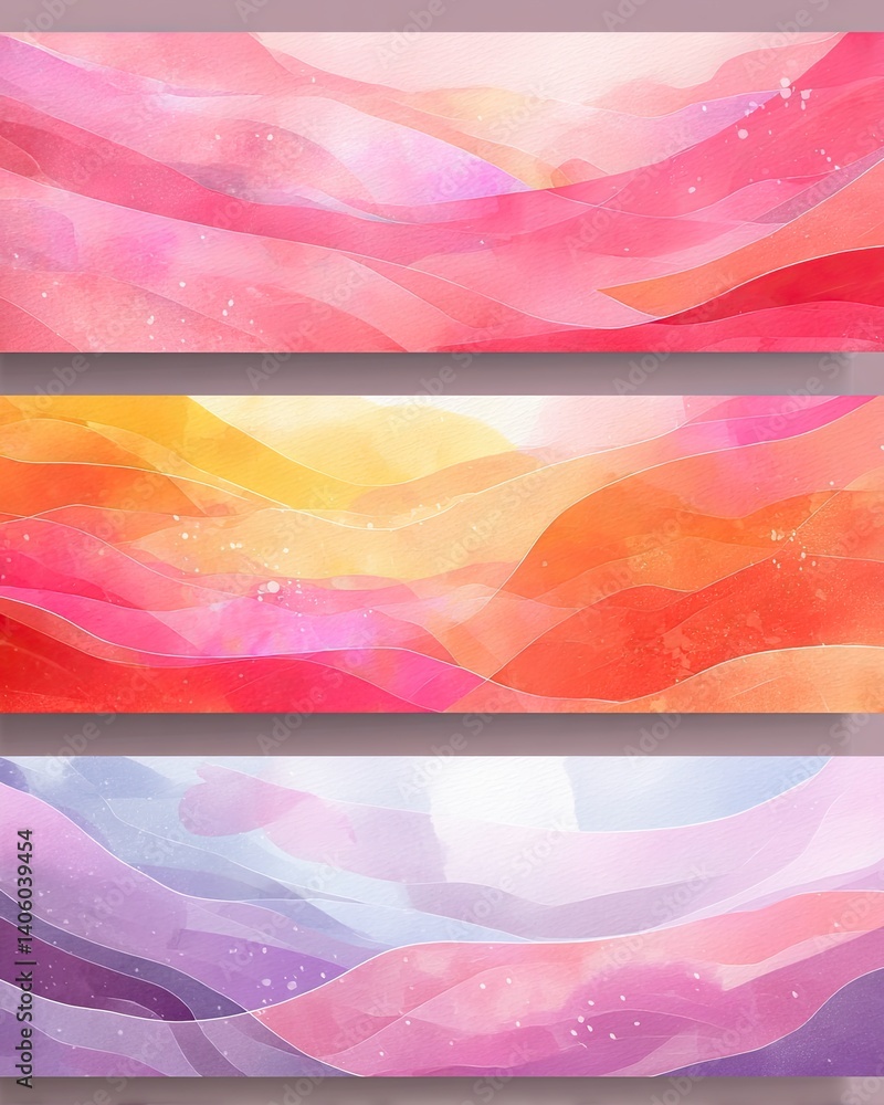 Poster bright and vibrant abstract summer art cards set showcasing wavy patterns and lively colors
