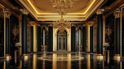 Elegant black palace hall with golden details and marble flooring
