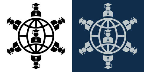 Global online education network. Virtual graduation concept. Students connected globally through digital network. Graduation cap icons around globe. Distance learning, e-learning, virtual classes