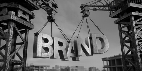 Two cranes lift large metallic letters spelling "BRAND" against a city backdrop, symbolizing brand building and construction