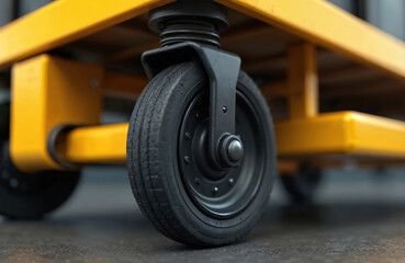 Fototapeta premium Close-up of industrial yellow wheelbarrow with black wheel. Transportation tool for warehouse logistics. Heavy duty cart, metal device for cargo carrying. Delivery and shipping concepts.