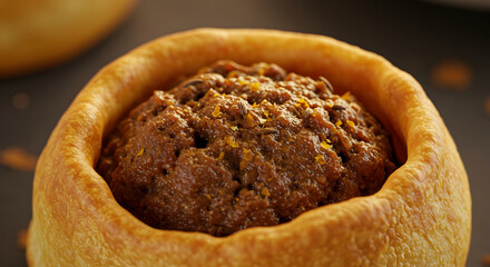 Savory meat pie with spices in pastry shell, closeup food photography