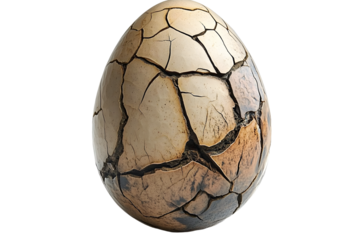 Large cracked dinosaur chicken egg with textured surface and detailed fractures, isolated on white transparent background. Concept of prehistoric life and hatching