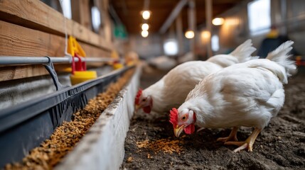 Chickens Feeding in a Modern Poultry Farm Barn with Automated Equipment