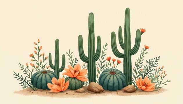 Watercolor illustration desert theme with cactus, orange blooming flowers, green plants, stones. Botanical floral, bohemian design, neutral cream background, modern logo print design, perfect for eco