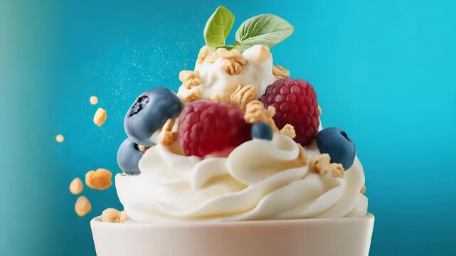 Berry and Granola Yogurt Parfait A healthy and tasty treat! Dessert or snack idea against a blue background