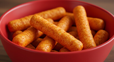 Fototapeta premium Macro photo of spicy puffed corn sticks in red bowl for fast food
