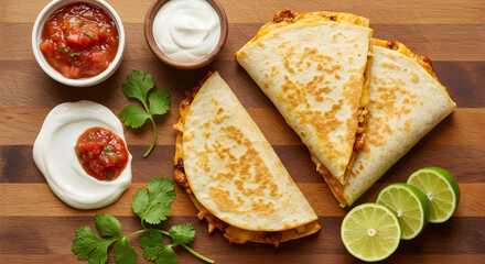 Delicious quesadillas flat lay with salsa, sour cream and lime