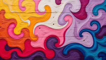Vibrant Abstract Hand-Painted Wooden Background with Colorful Waves