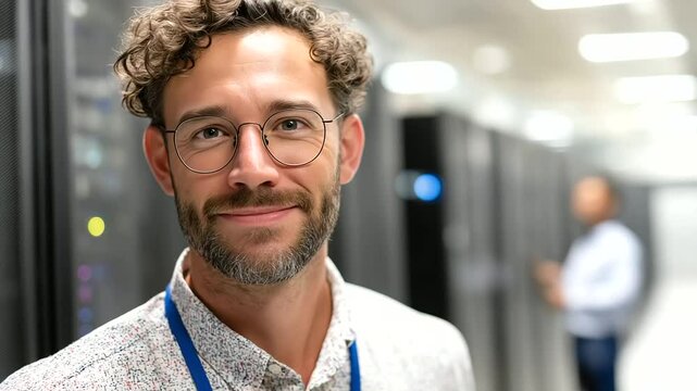 Cheerful IT engineer exudes confidence and trust in a bustling data center.