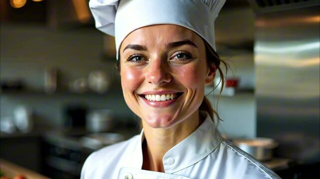 Smiling female chef in professional kitchen, woman chef in white uniform and toque smiling at camera. Concept of culinary industry, food service profession, hospitality careers.