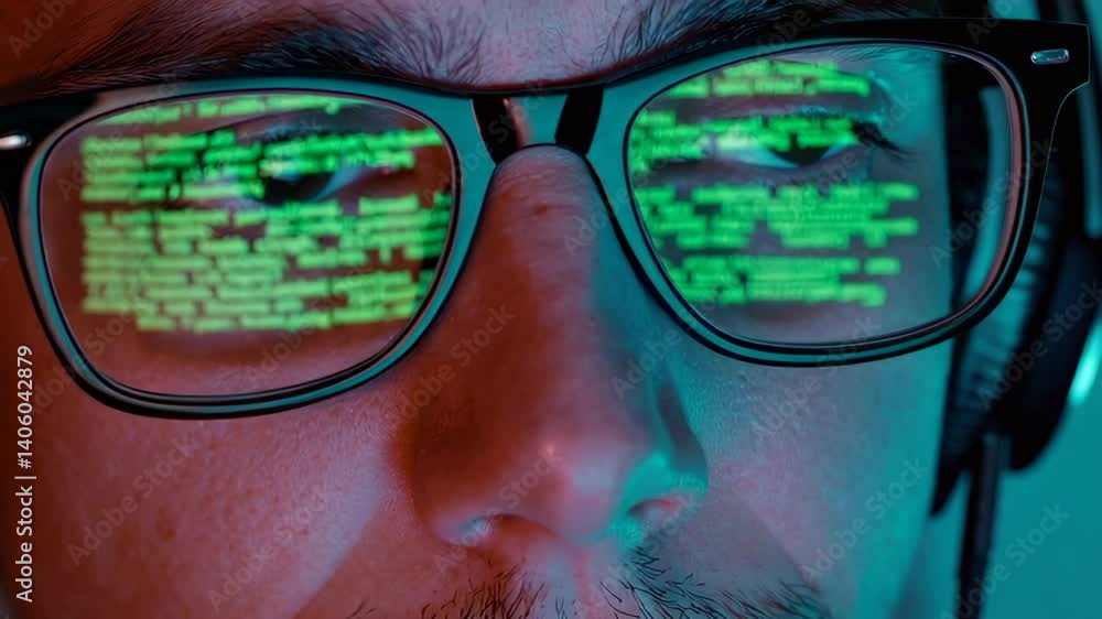Aufkleber Programmer coding intensely, green digital code reflecting in glasses while working intently in dimly lit room, representing technological innovation and cybersecurity expertise