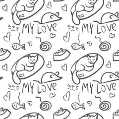 seamless pattern with cat pet cat food cat toy printable white grey blackwhite cat sleeping cute cat pattern to print