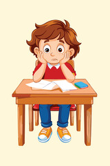 Cartoon boy at desk, with open papers, rests his face in his hands and looks sad