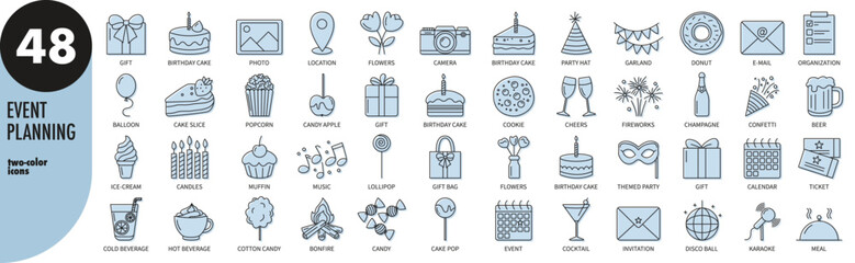 Event planning, party, celebration - thin line icons set with light blue fill. Gift, cake, music, karaoke, candy, ticket, location, confetti, beverage, meal, flowers, fireworks, vector illustration