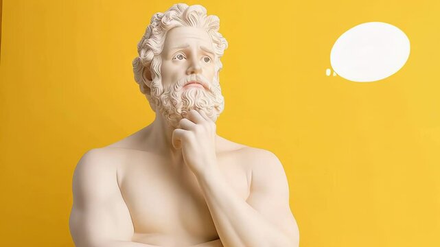 Contemplative statue with thought bubble on yellow background Pensive mood ancient art philosophical thought