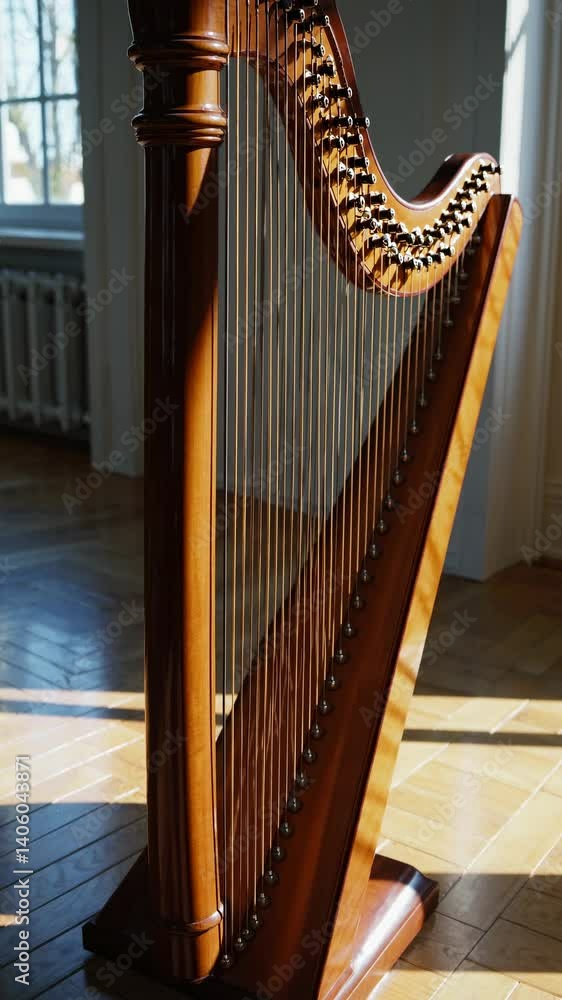 Poster elegant harp in soft sunlight, showcasing intricate woodwork. side angle captures strings' shadows. 