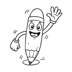 Cartoon pencil with eraser is waving, smiling, and outlined in black and white